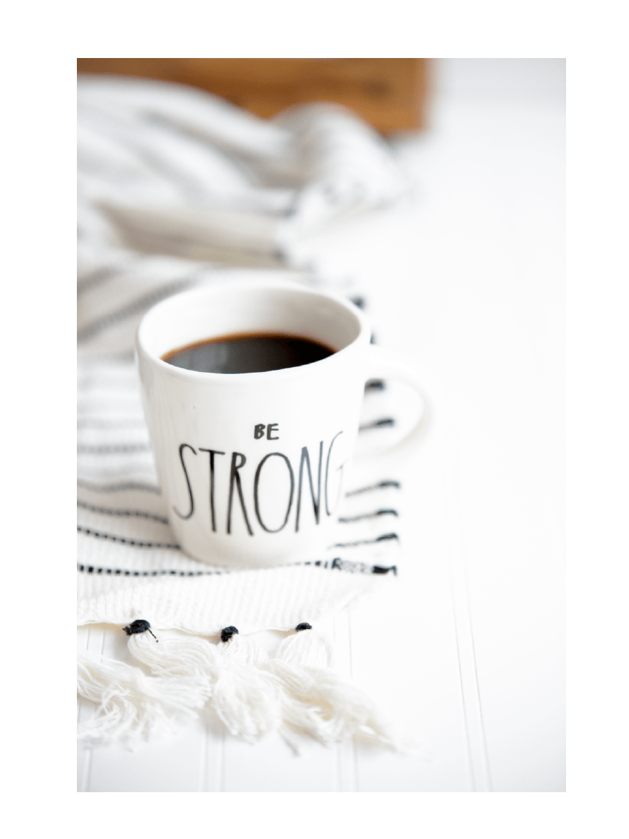 Photo of a coffee cup with "Be strong" written on it